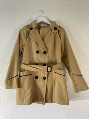 Women's Camel Belted Trench Coat with Black Piping